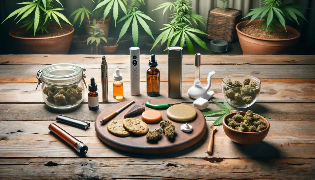 A display of different cannabis consumption methods, including edibles, smoking devices, topical products, tinctures, and concentrates, arranged on a rustic wooden table with cannabis plants around for decoration.